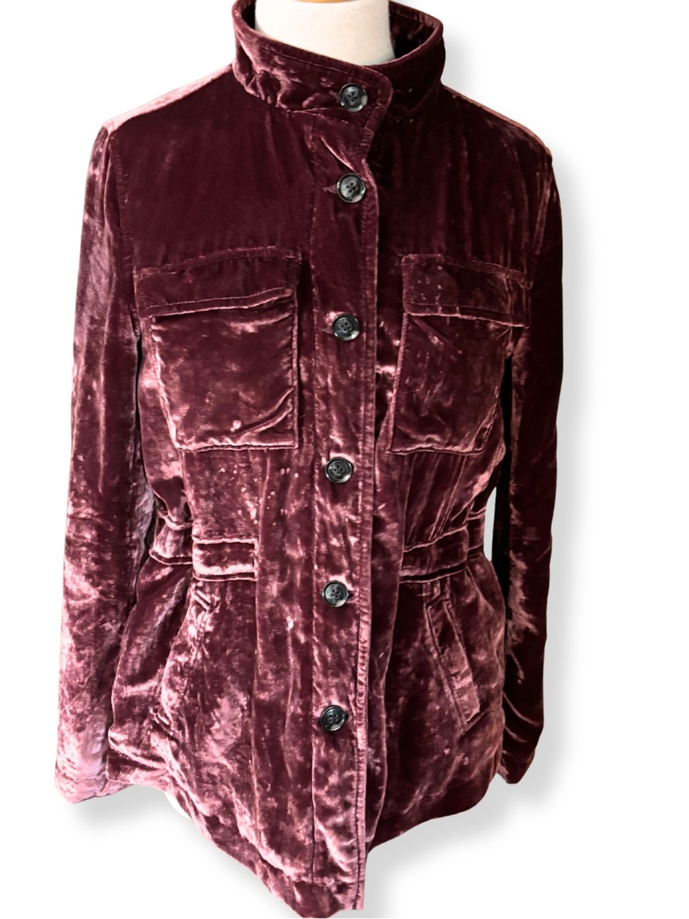 LOFT Plum Crushed Velvet Utility Jacket Small Cinch Waist Button Front